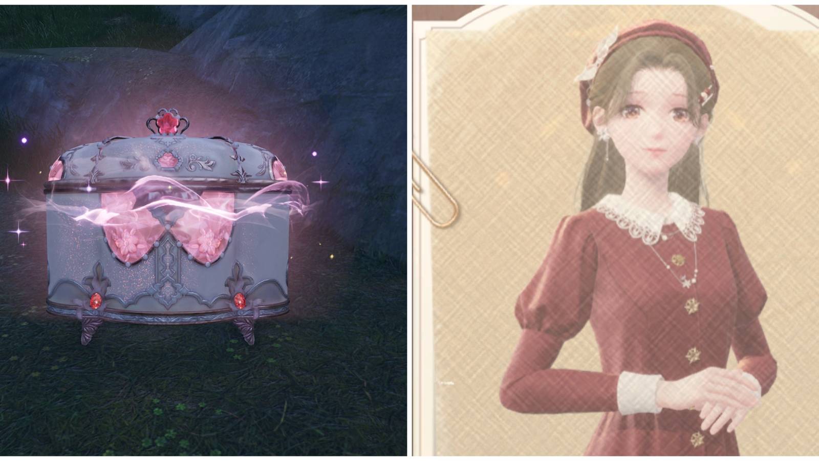 Split image of a treasure chest and the Scarlet Dream outfit in Infinity Nikki