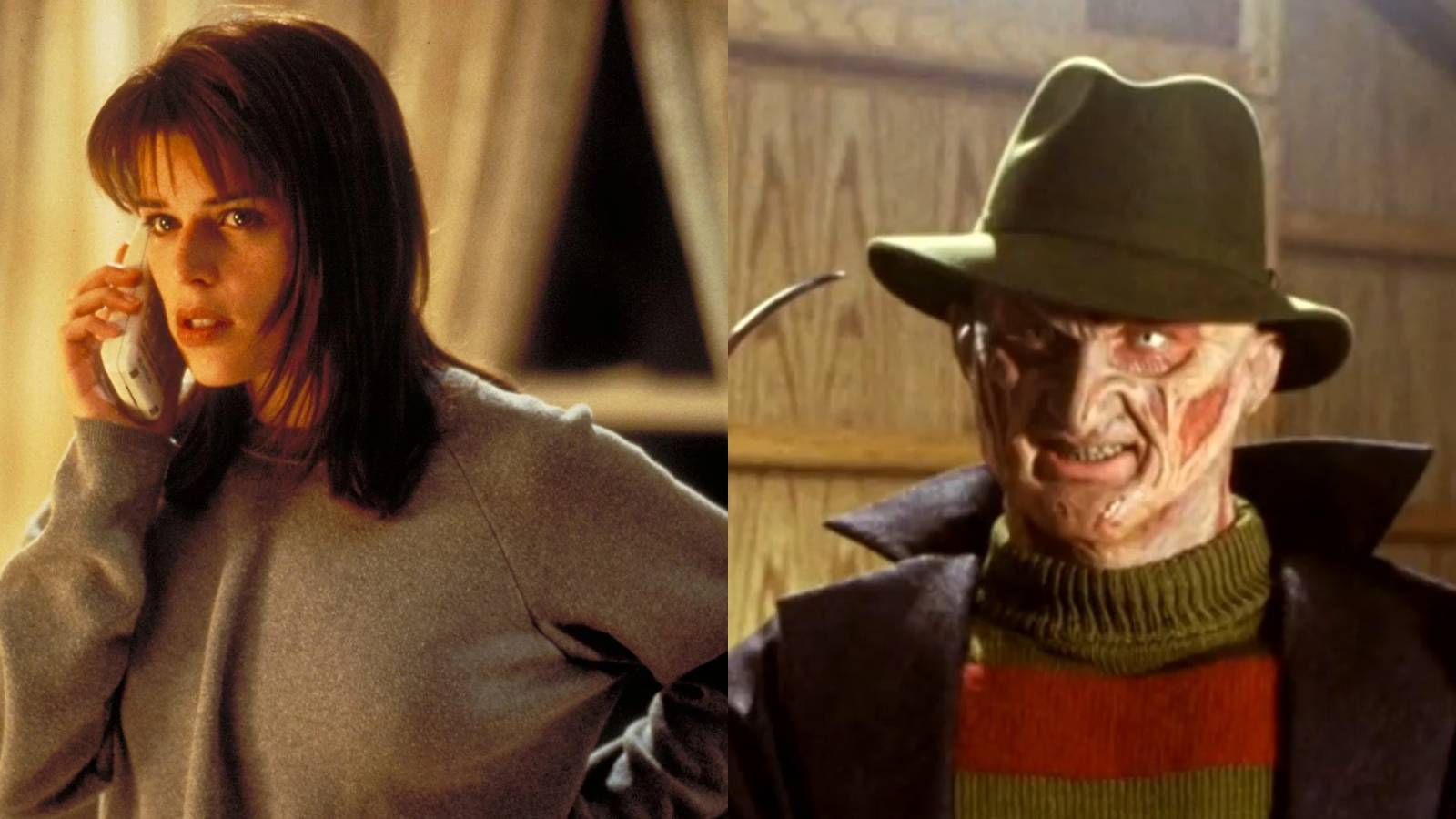 Split image of Sidney Prescott (Neve Campbell) in Scream and Freddy Krueger in Wes Craven's New Nightmare