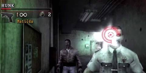 FPS view of HUNK shooting two zombies