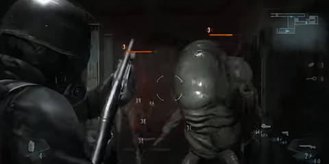 Hunk shooting a shotgun at a fat ooze monster