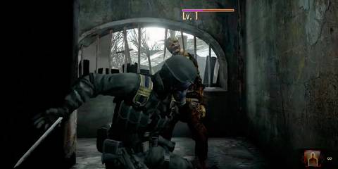 Hunk plunging a dagger into a zombie