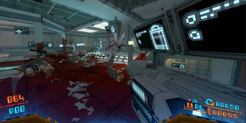 White assult rifle with a body full of blood and bodies 