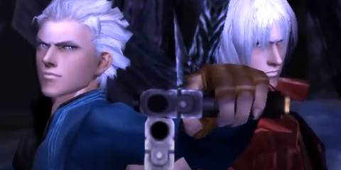 Devil May Cry 3 - Vergil and Dante aiming their guns at the screen