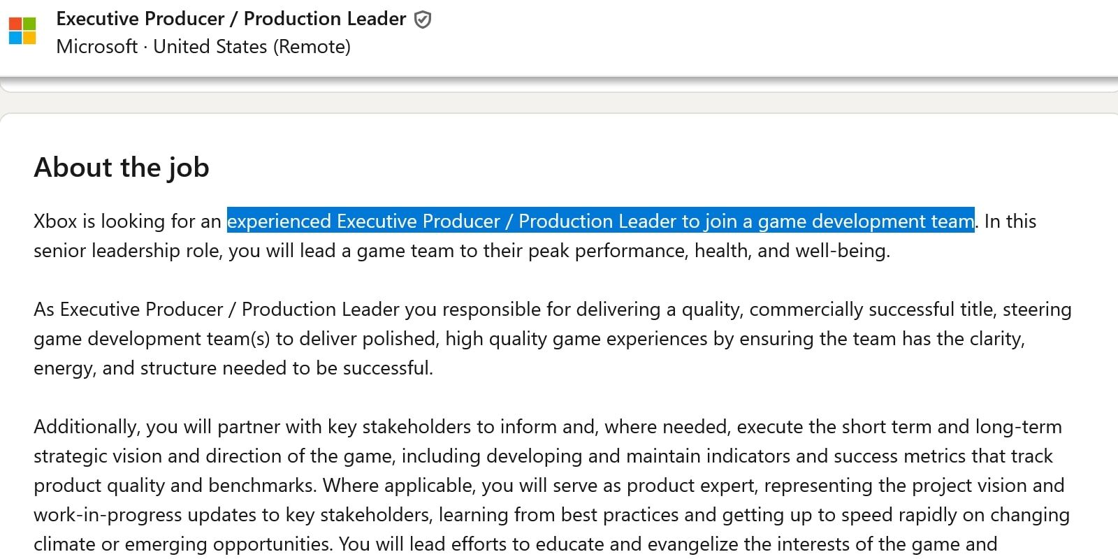 Executive Producer Production Leader Microsoft LinkedIn job listing Xbox new studio