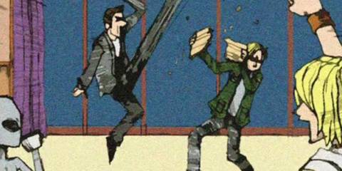 Harry and James fighting with Heather and an Alien watching on 