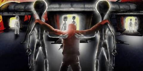 Harry being escorted to a UFO by aliens