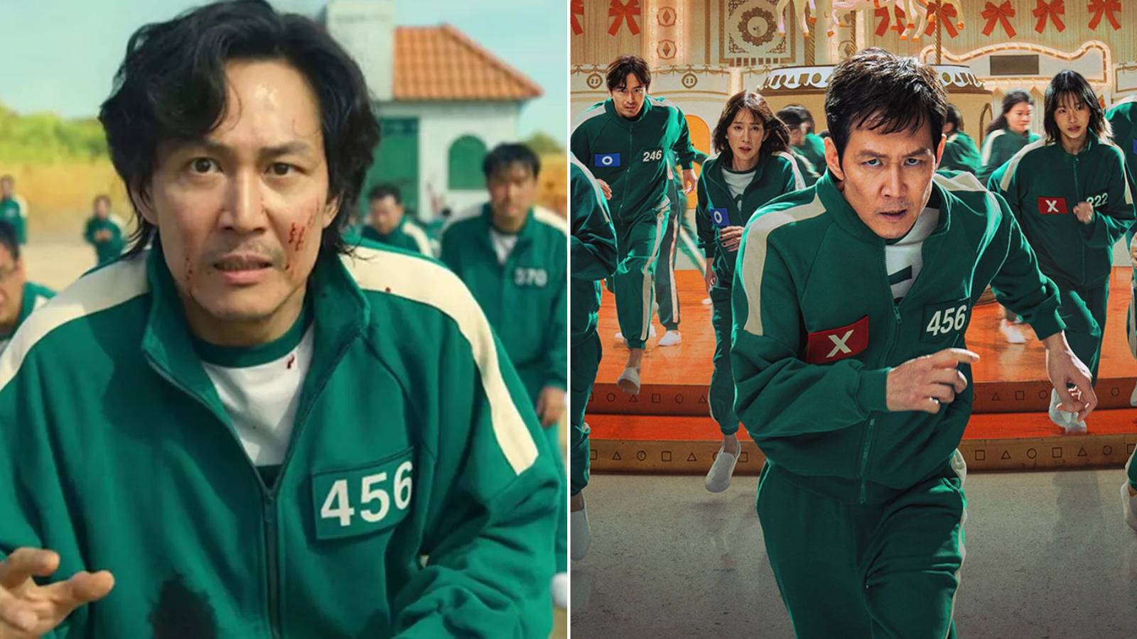 Seong Gi-Hun in Season 1 and Seong Gi-Hun in the official poster for Season 2.