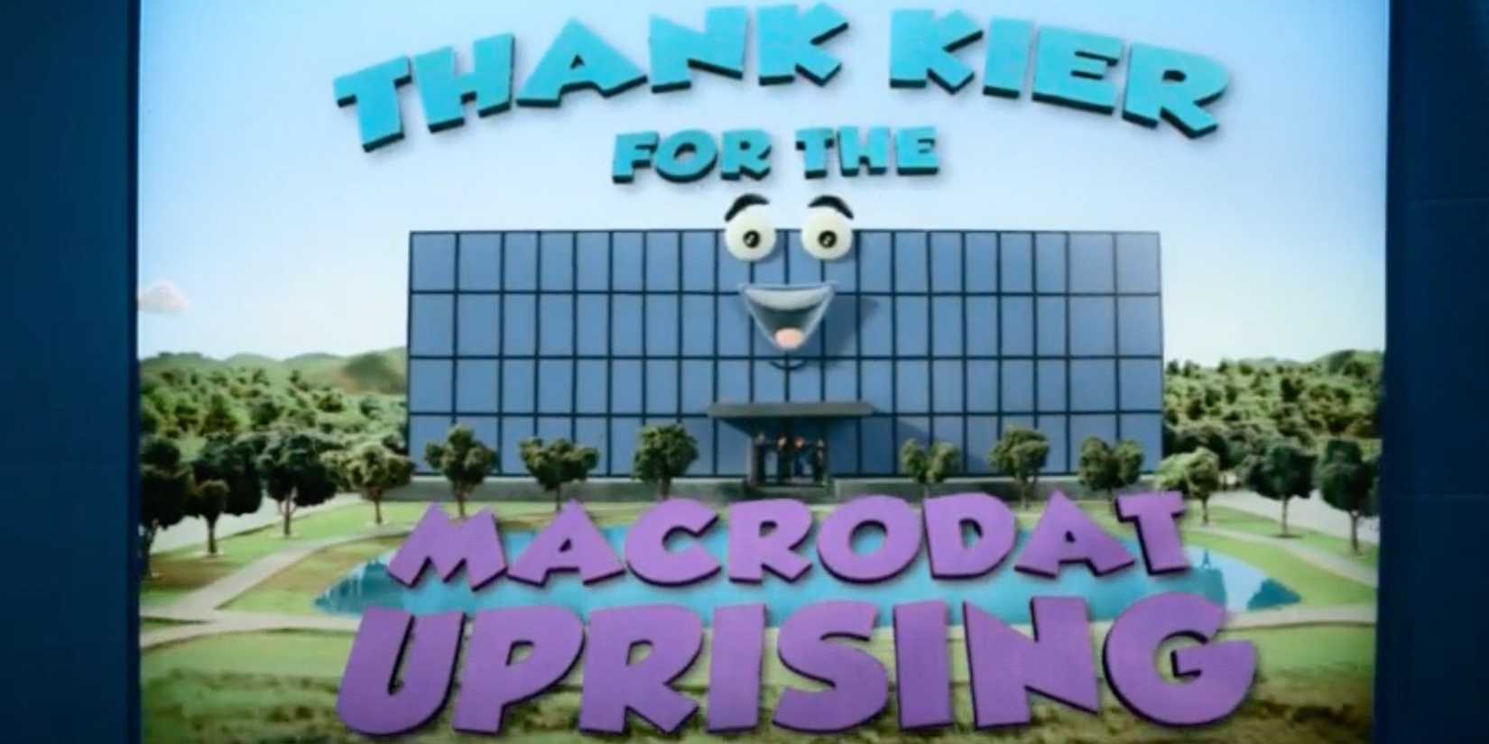 A still from the "Lumon is Listening" video from Severance season 2 episode 1