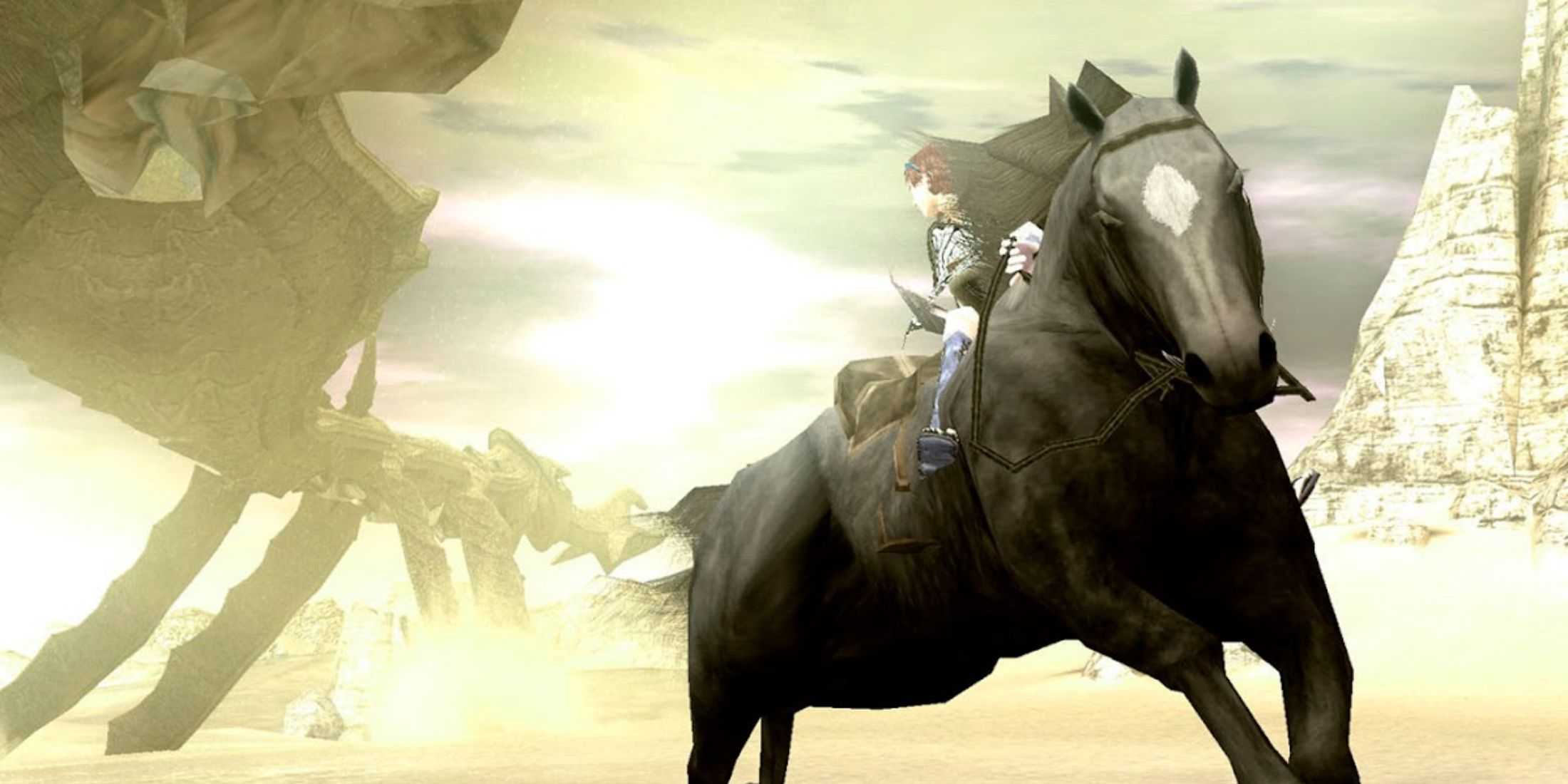 Shadow of the Colossus Wander riding Agro with a Colossus in the background