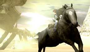 Shadow of the Colossus Wander riding Agro with a Colossus in the background