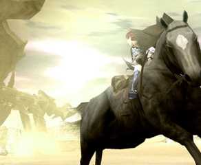 Shadow of the Colossus Wander riding Agro with a Colossus in the background