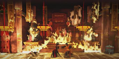 Shao Jun dueling an enemy in a burning temple with intense flames in Assassin's Creed Chronicles