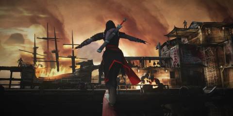 Shao Jun leaping toward a burning ship during a mission in Assassin's Creed Chronicles China