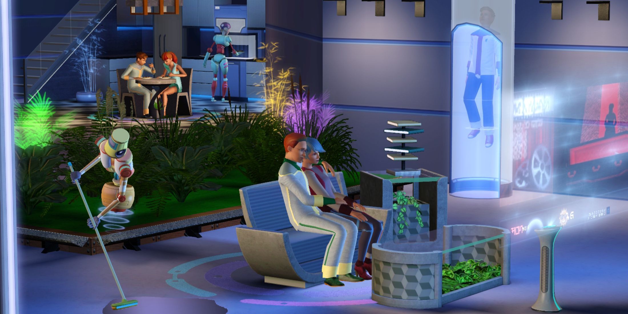 Sims enjoying a high-tech futuristic environment with robots in Into the Future expansion