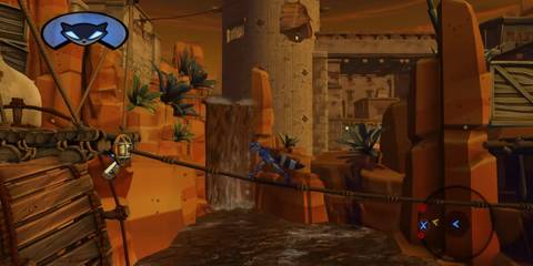 Sly Cooper Thieves in Time sneaking on a rope