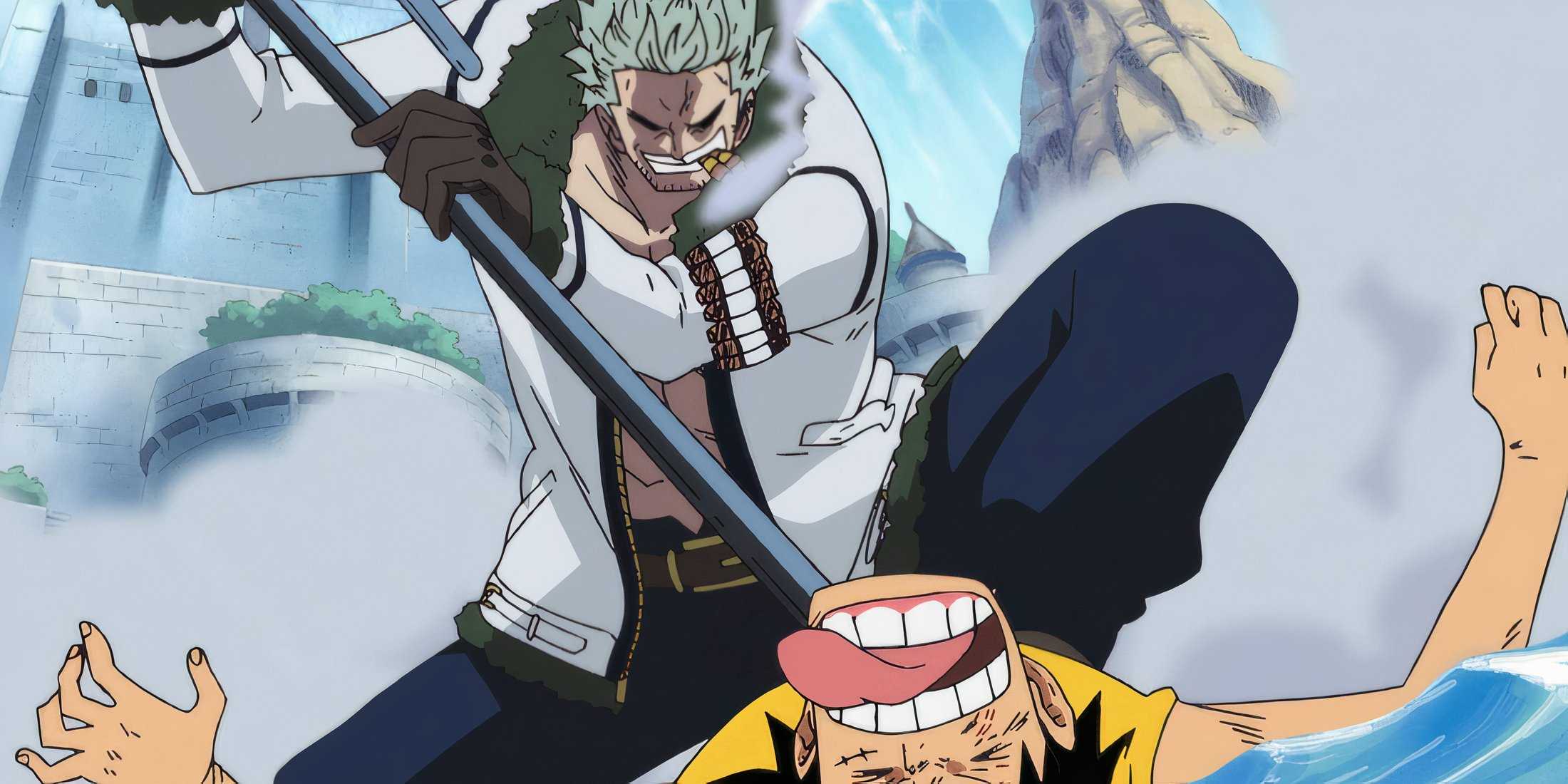 Smoker pins Luffy down with Seastone at Marineford in One Piece.