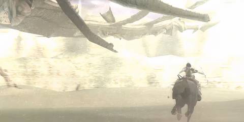 wanderer riding agro next to a colossus