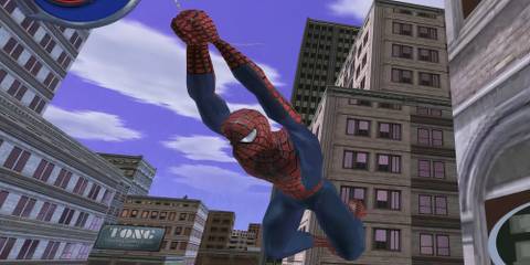 Spider-Man swinging through the city in Spider-Man 2 (2004)