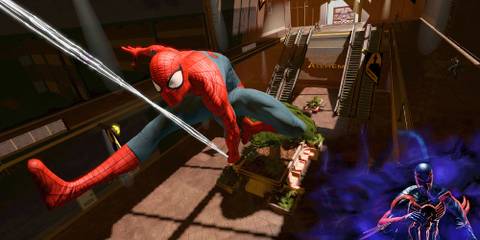 Peter Parker swinging through Alchemax while talking to Miguel in Spider-Man Edge Of Time