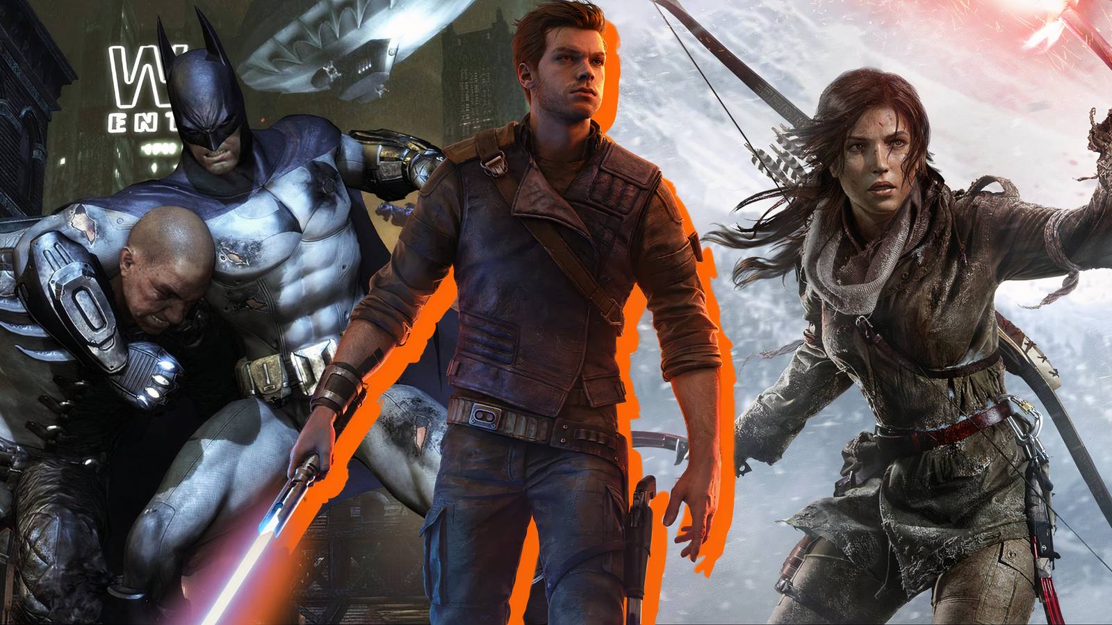 Split image of Batman Arkham City, Star Wars Jedi Survivor, and Rise Of The Tomb Raider