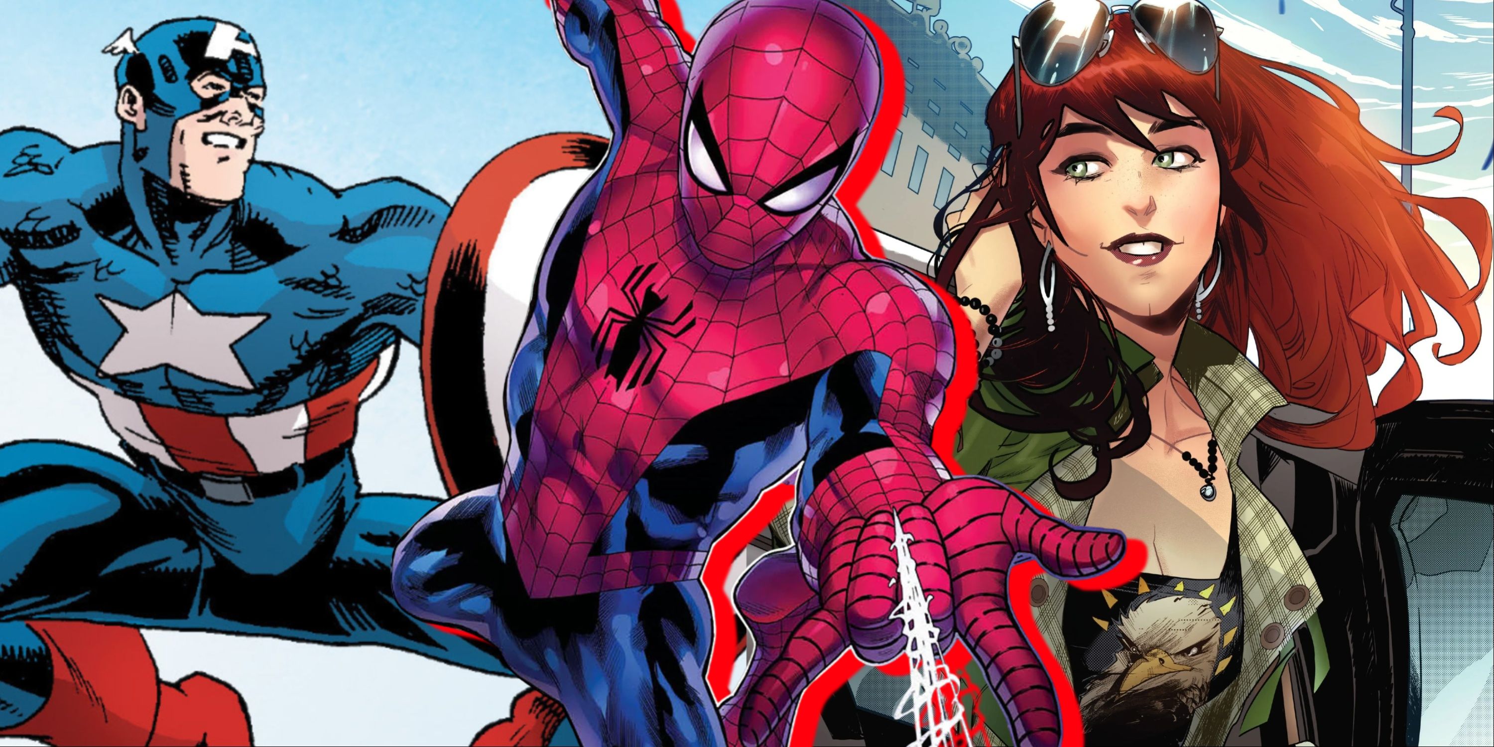 Split image of Captain America, Spider-Man, and Mary Jane Watson