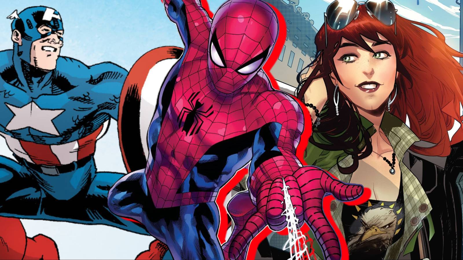 Split image of Captain America, Spider-Man, and Mary Jane Watson