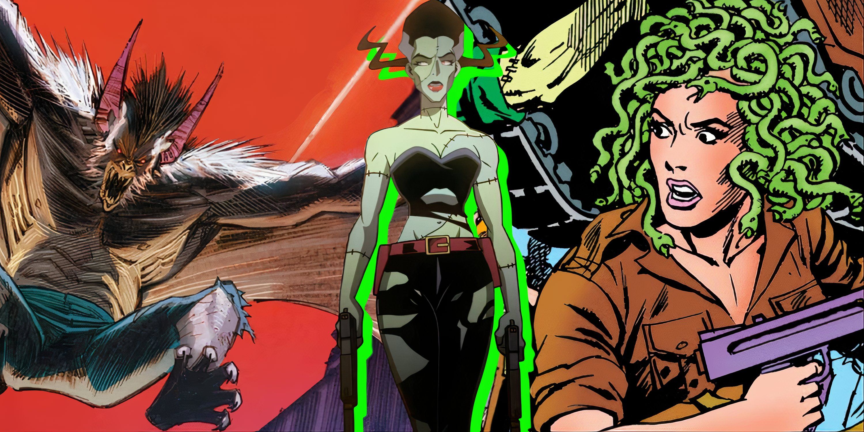 Split image of Man-Bat, The Bride, and Medusa in DC