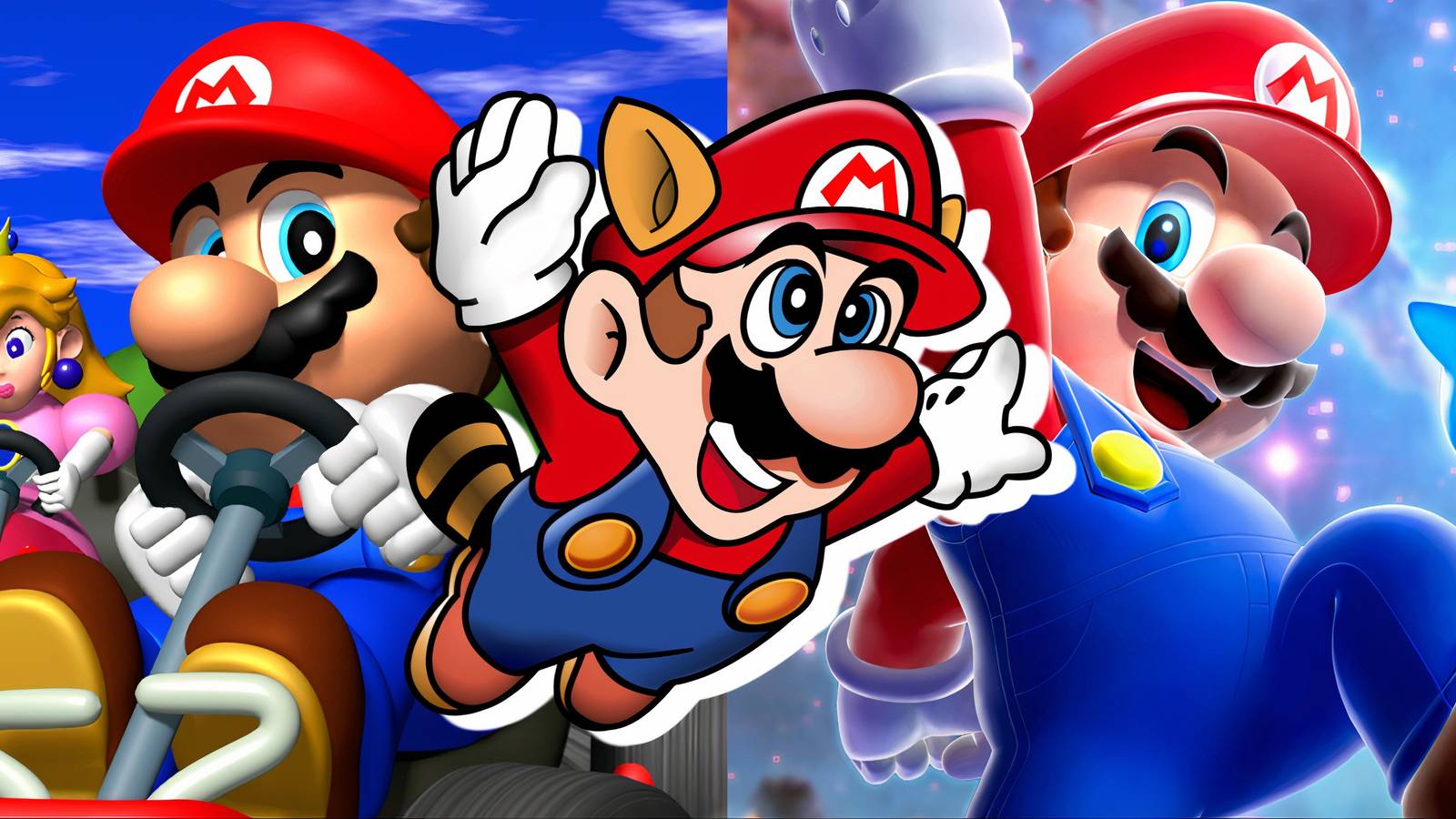 Split image of Mario Kart 64, Super Mario Bros. 3, and Super Mario Galaxy