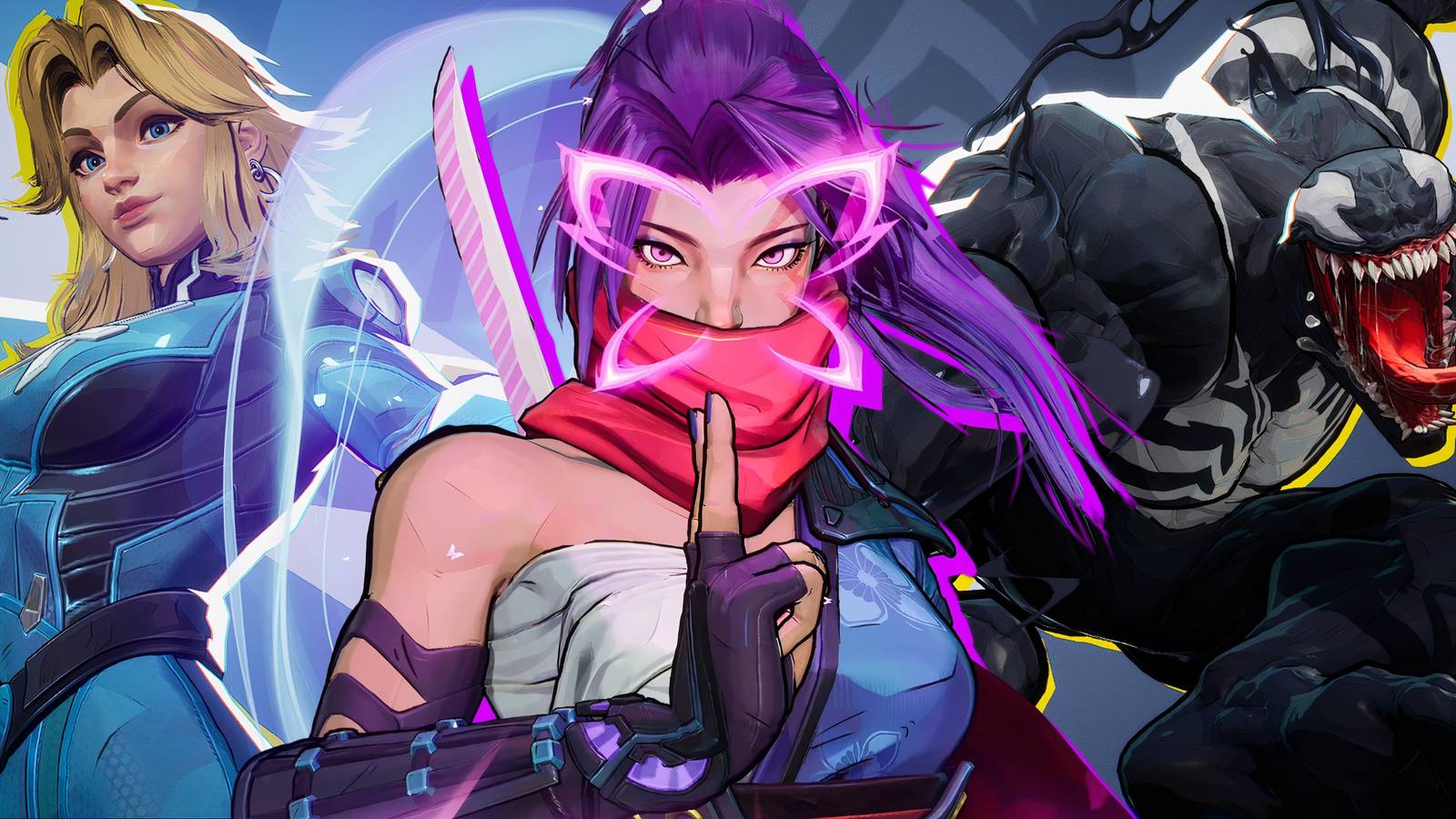 Split image of The Invisible Woman, Psylocke, and Venom in Marvel Rivals