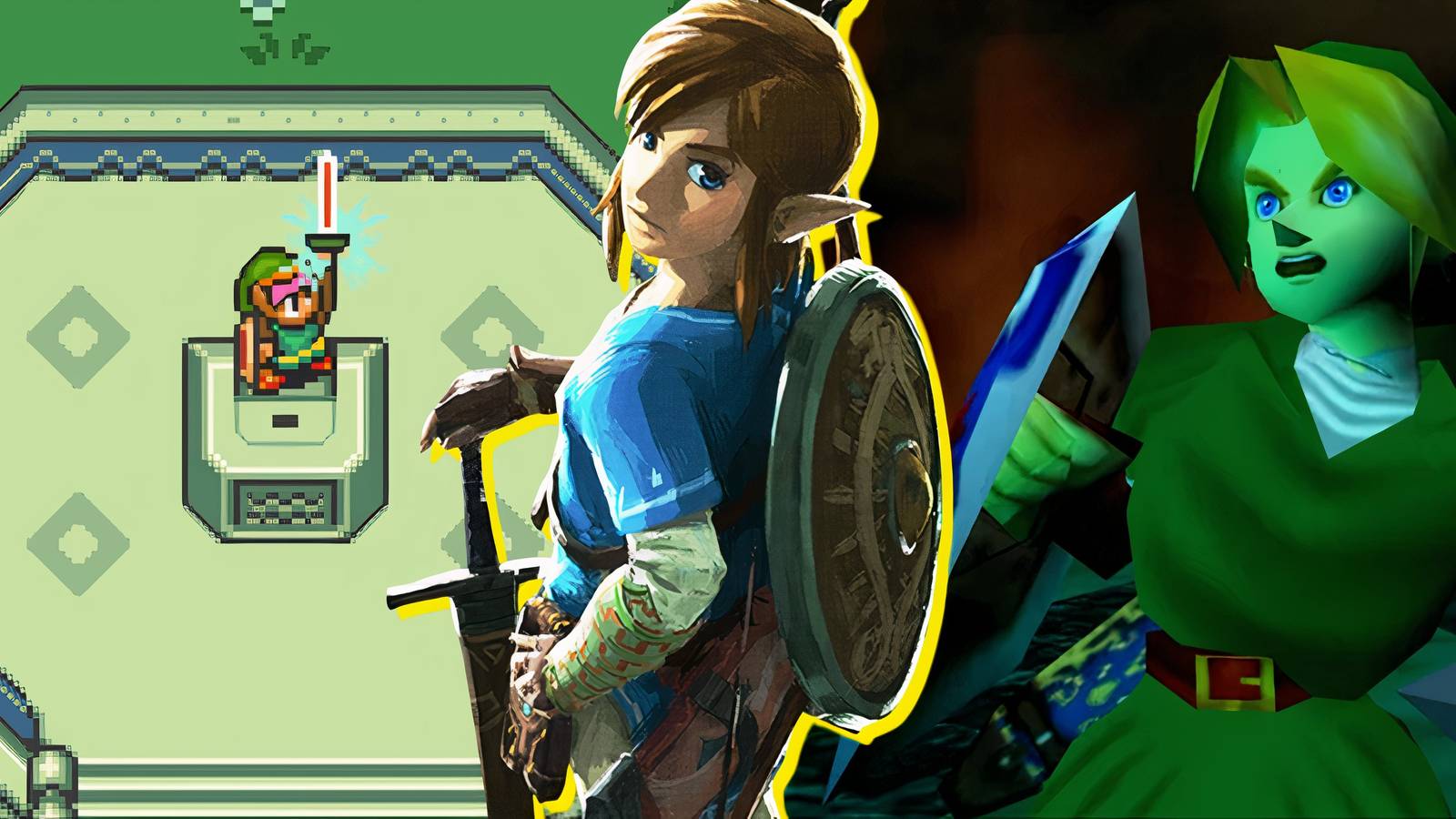 Split image of The Legend Of Zelda A Link To The Past, Breath Of The Wild, and Ocarina Of Time