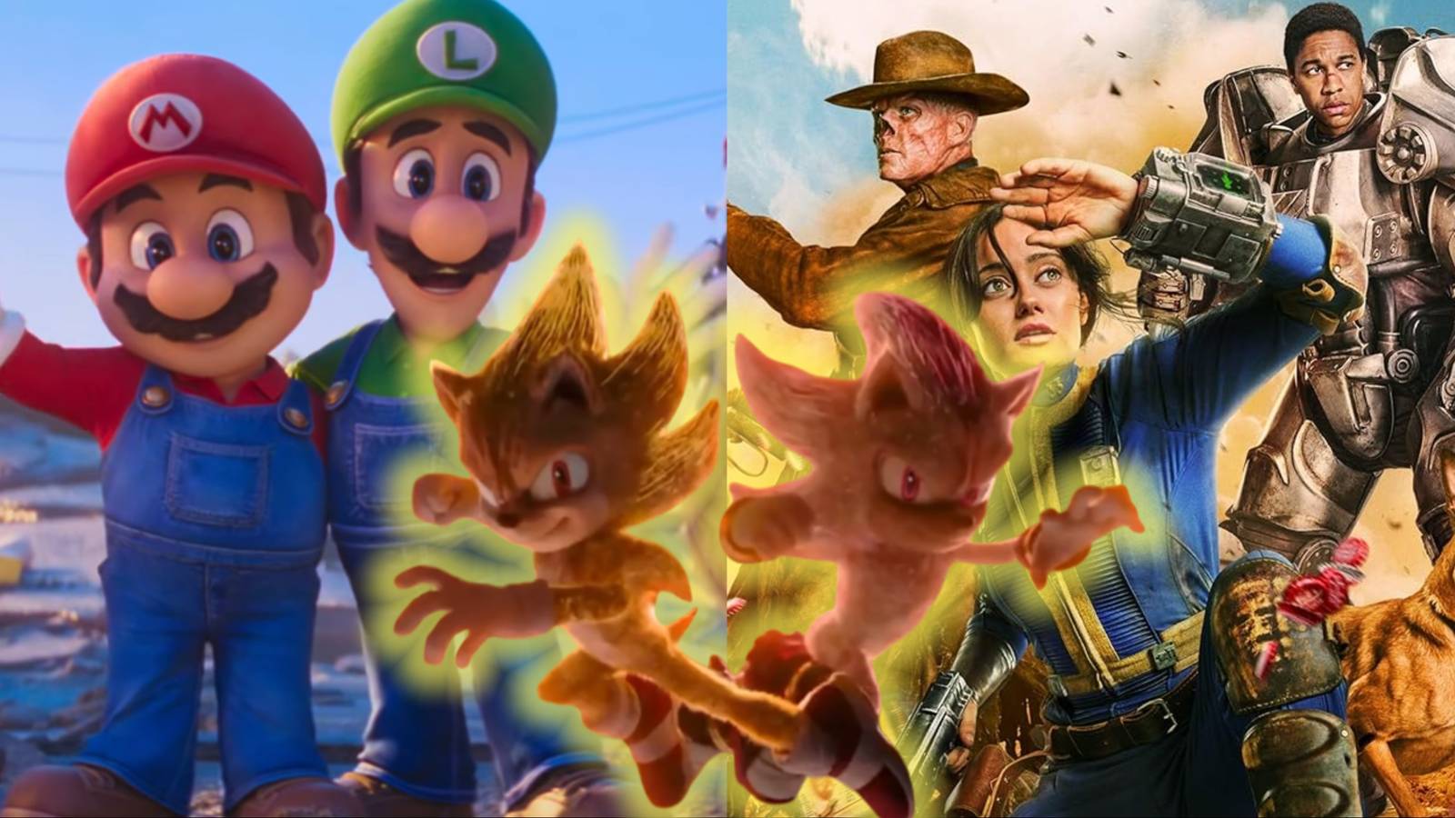 Split image of The Super Mario Bros. Movie, Sonic The Hedgehog 3, and Fallout