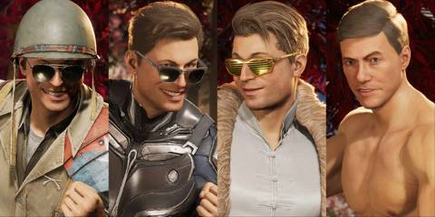Split image of various Johnny Cage skins in Mortal Kombat 1