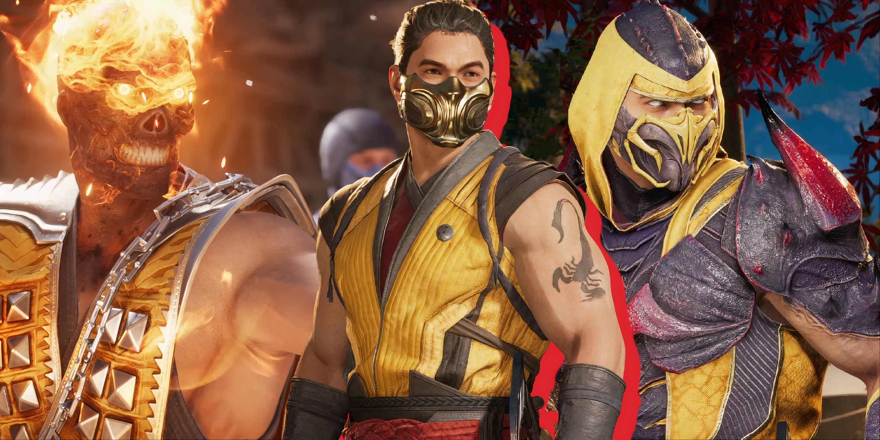 Split image of various Scorpion skins in Mortal Kombat 1