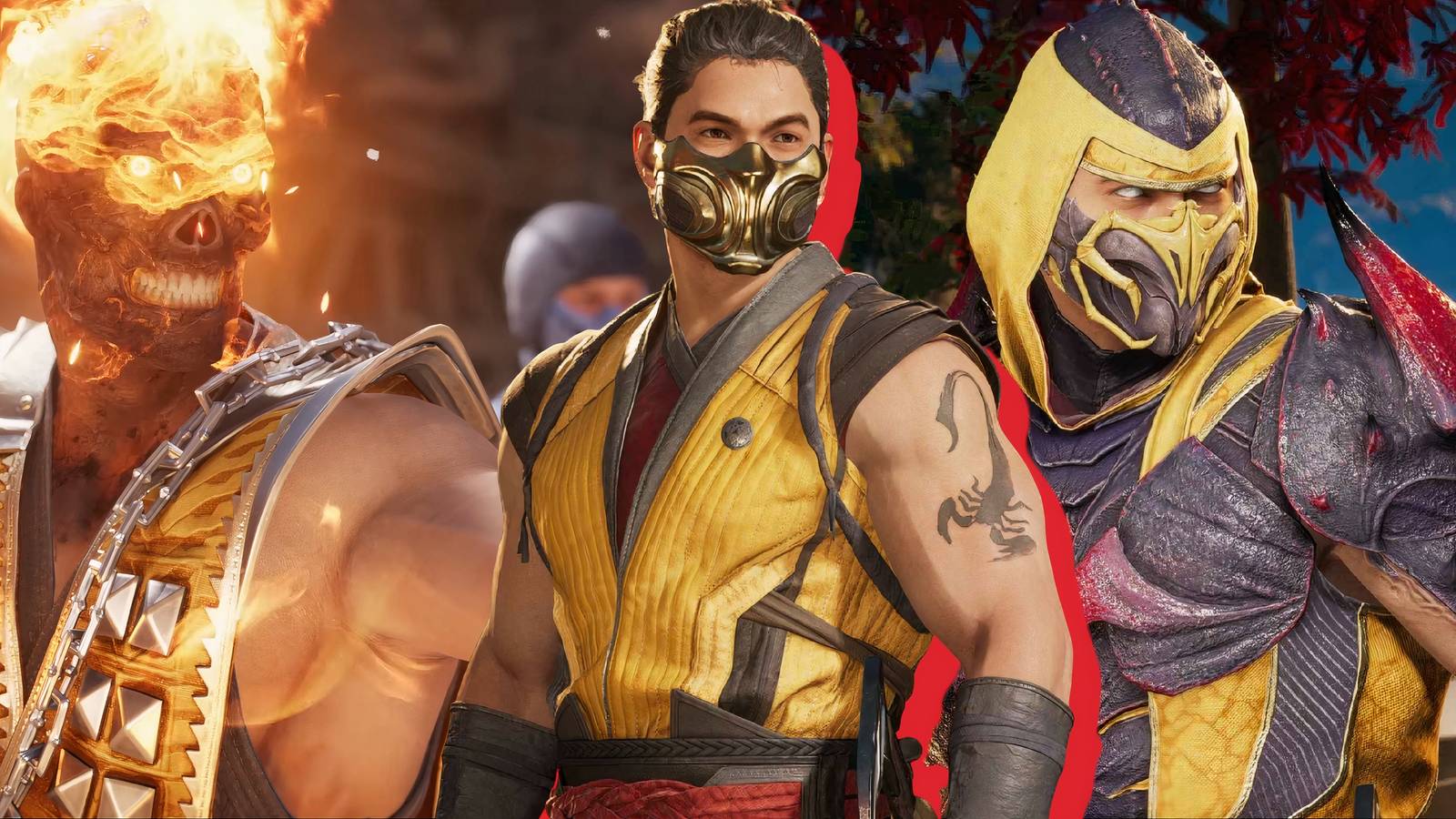Split image of various Scorpion skins in Mortal Kombat 1