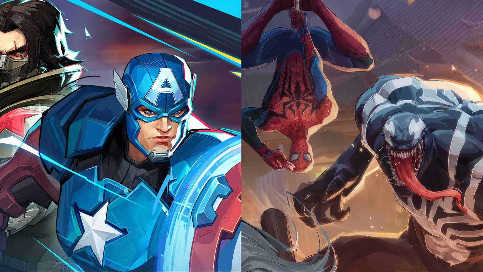 Split image of Winter Soldier, Captain America, Spider-Man, and Venom in Marvel Rivals