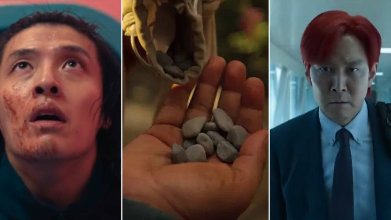 A collage of images with 3 mistakes done by Squid Game characters: Dae's panic attack, Ali's death and Gi-Hun not going to the US.