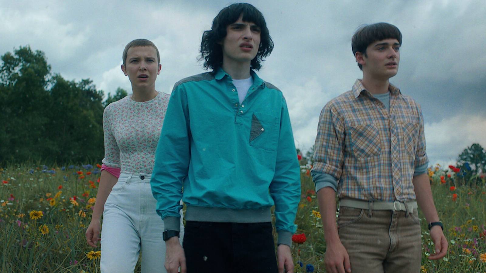 Eleven (Millie Bobby Brown), Mike (Finn Wolfhard) and Will (Noah Schnapp) on Stranger Things