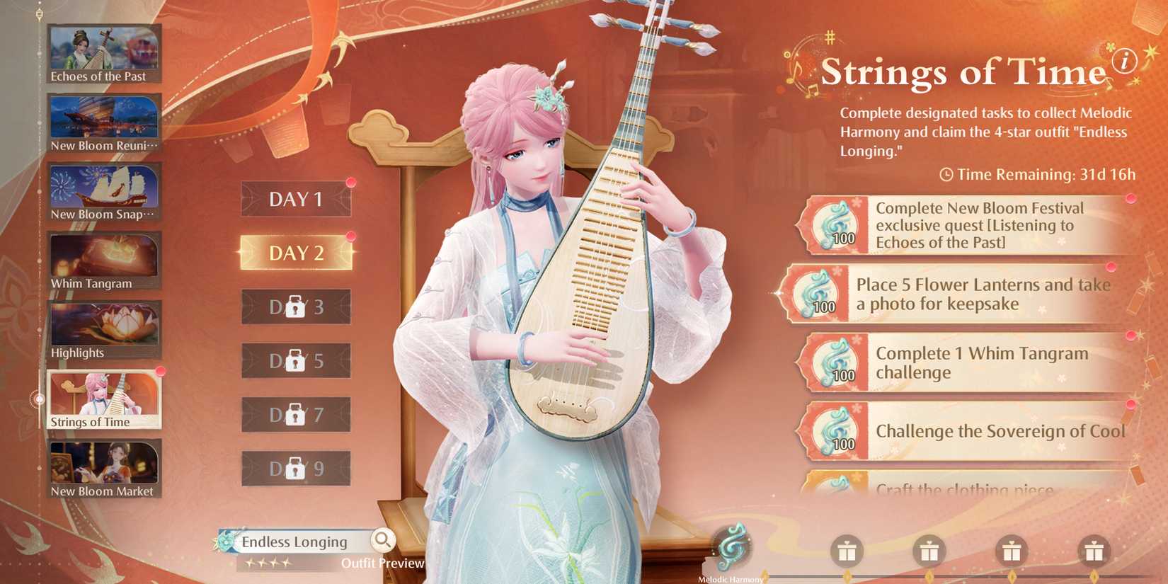 strings of time task in infinity nikki day 2 - place 5 flower lanterns and take a photo for keepsake