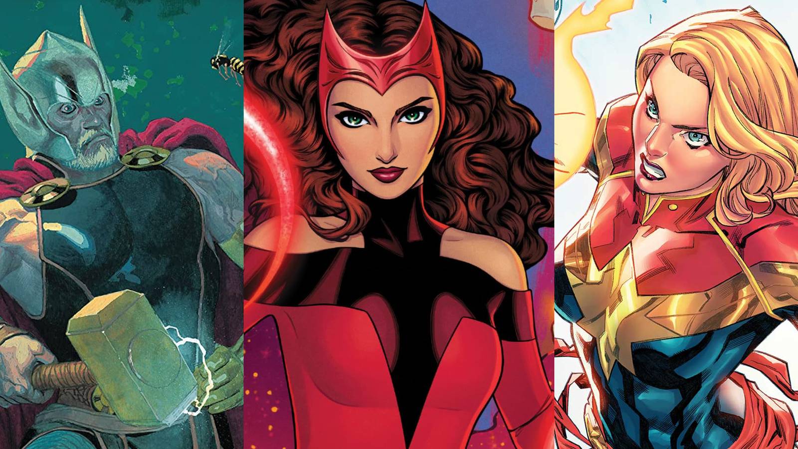 Thor in the comics; Scarlet Witch in the comics; Carol Danvers in the comics
