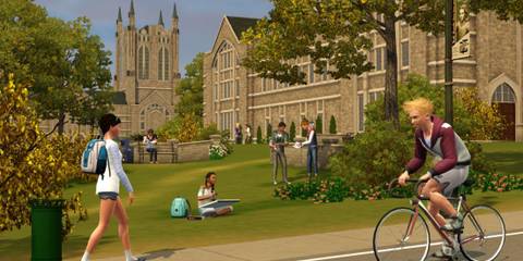 Students biking, walking, and studying on a lively university campus in The Sims 3 University Life