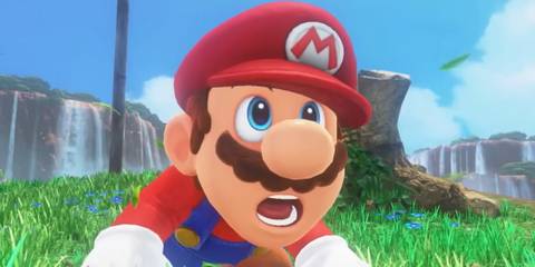 A screenshot of Mario looking shocked from Super Mario Odyssey.