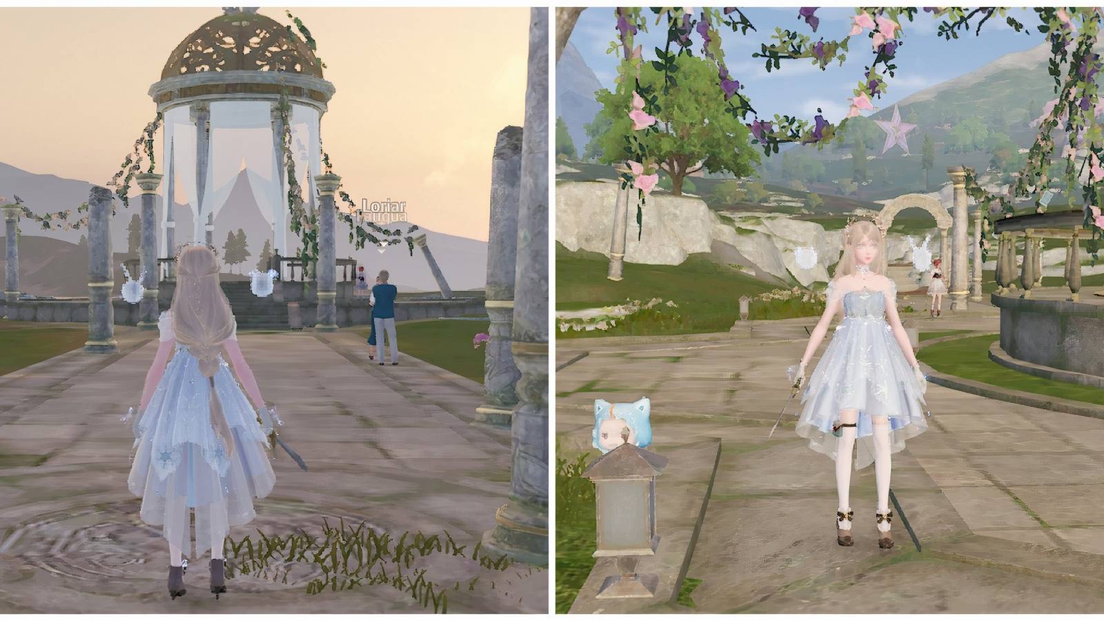 Split image of the entrance to the Swan Gazebo and the hidden star in Infinity Nikki