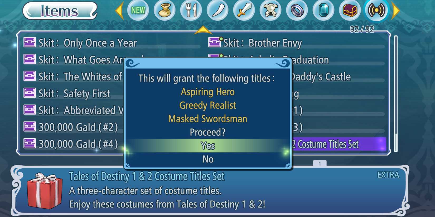 Tales of Graces f - claiming items from the bonus menu