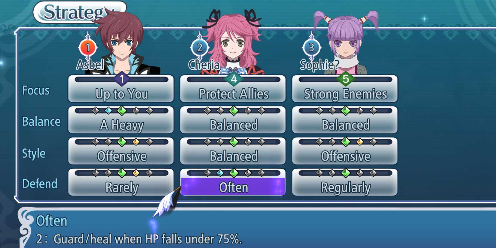 Tales of Graces f using strategy to set Cheria as a healer
