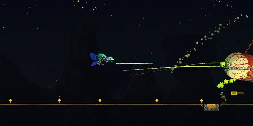 Terraria SDMG firing in the air at boss in dark biome