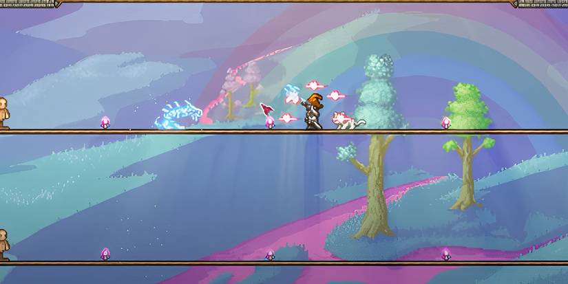 Terraria Staff of the Frost Hydra on multiple levels of snowy platform with wolf