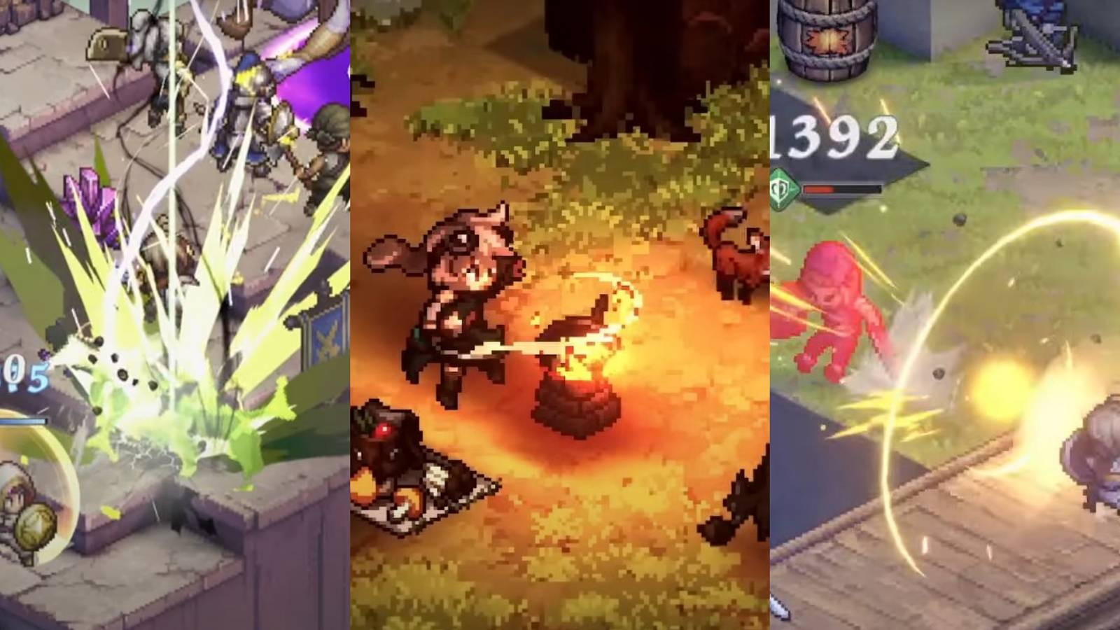 Papal Guard blocking enemy attack on left, Cocoa using her ult to heal allies in middle and maitha leg slamming enemy on right