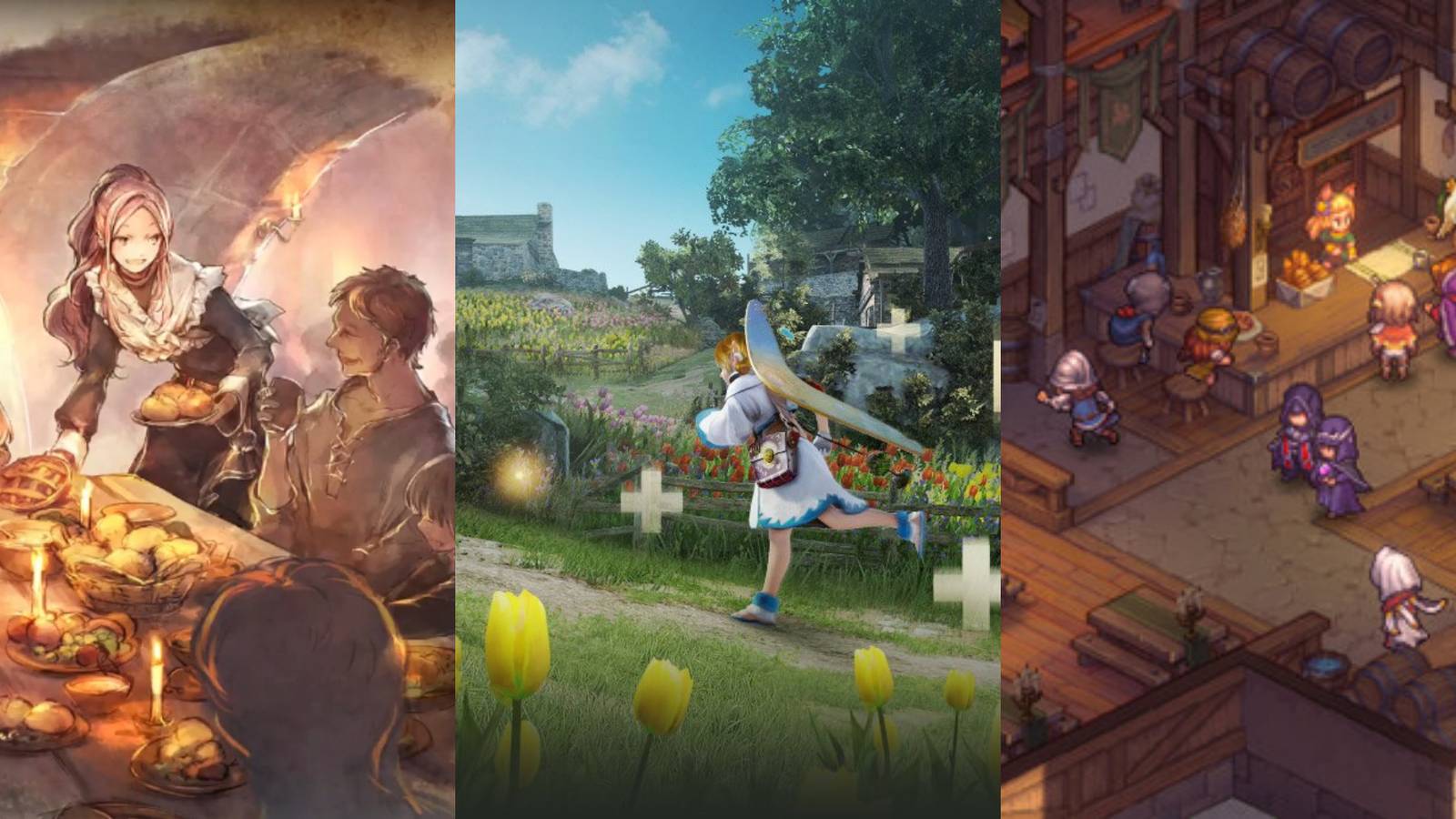 Octopath Traveler - CotC on left, Black Desert Mobile in centre and Sword of Convallaria on right