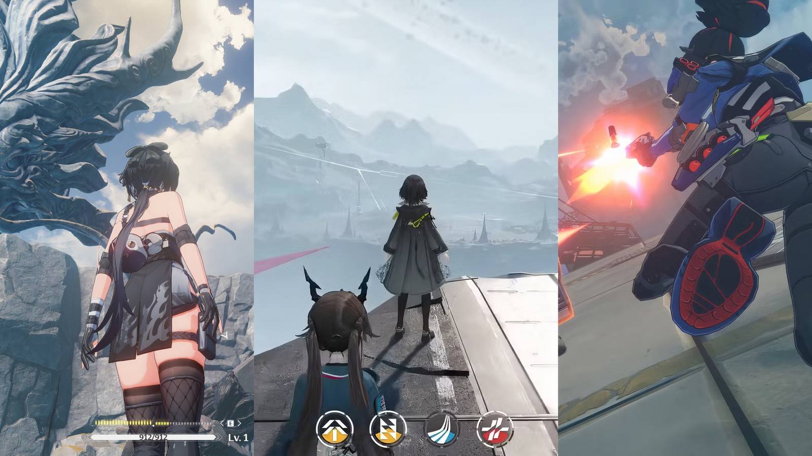 Rover from Wuthering Waves in left, Arknights Endfield open world view in middle and Zenless Zone Zero Combat