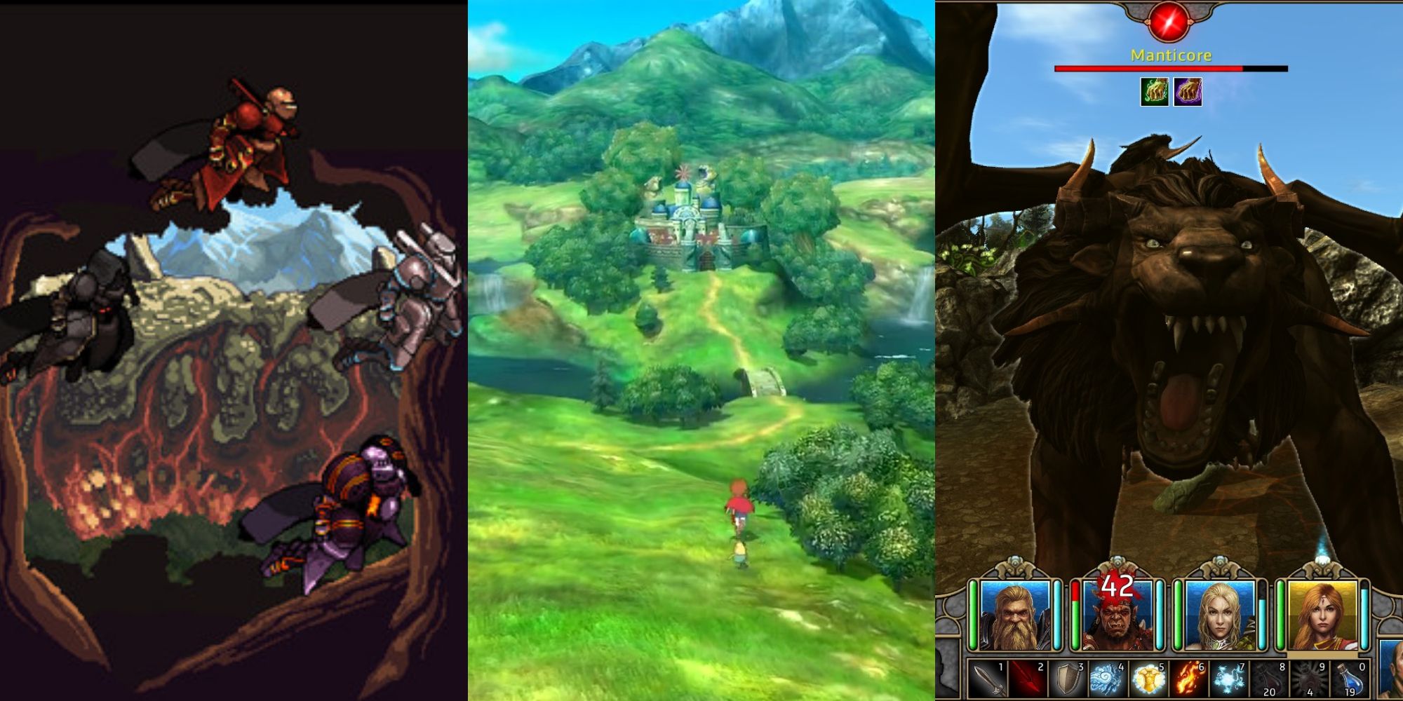 Mechs from Chained Echoes in left, Ni No Kuni: Wrath of the White Witch open world in middle and manticore attacking player party in Might & Magic X: Legacy